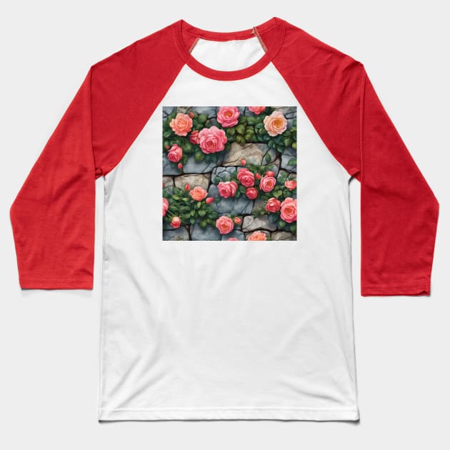 NUANCED CLIMBING ROSE ON STONE WALL Baseball T-Shirt by Ciervo Primavera